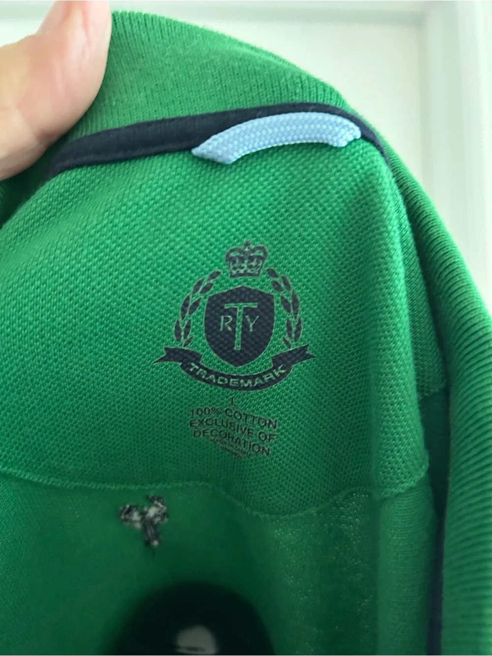Green Polo Shirt with Navy Embroidered Lobsters. Size L